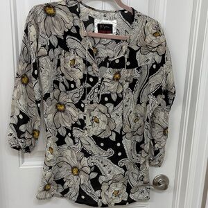 Johnny Was Black and Cream Floral Blouse